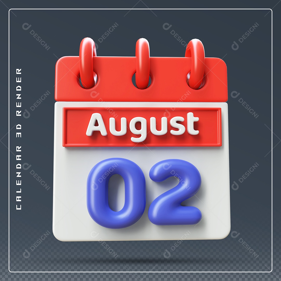 Calendário Do mês De Agosto Dia 02 Elemento 3D Vermelho Azul E Branco Para Composição PSD