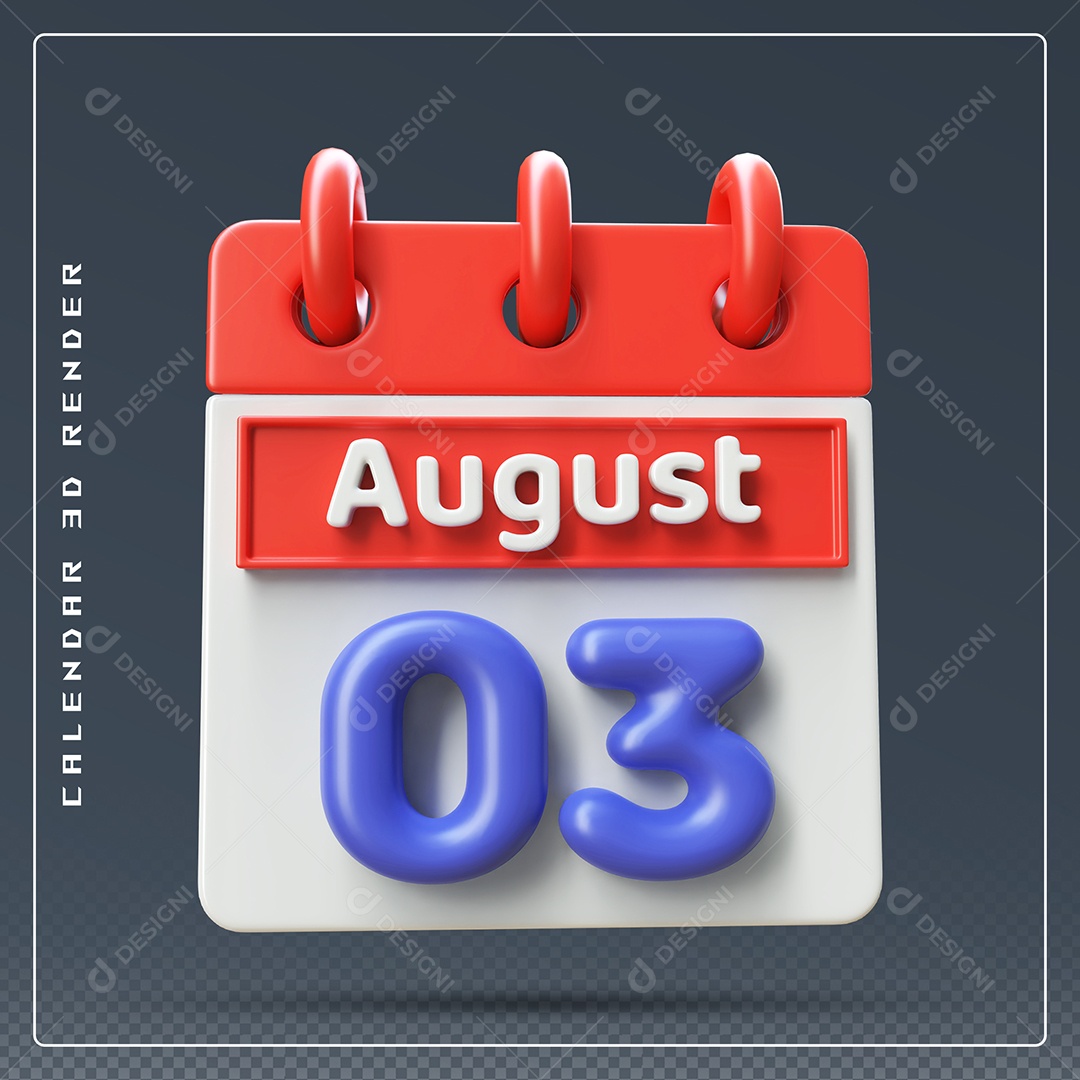 Calendário Do mês De Agosto Dia 03 Elemento 3D Vermelho Azul E Branco Para Composição PSD