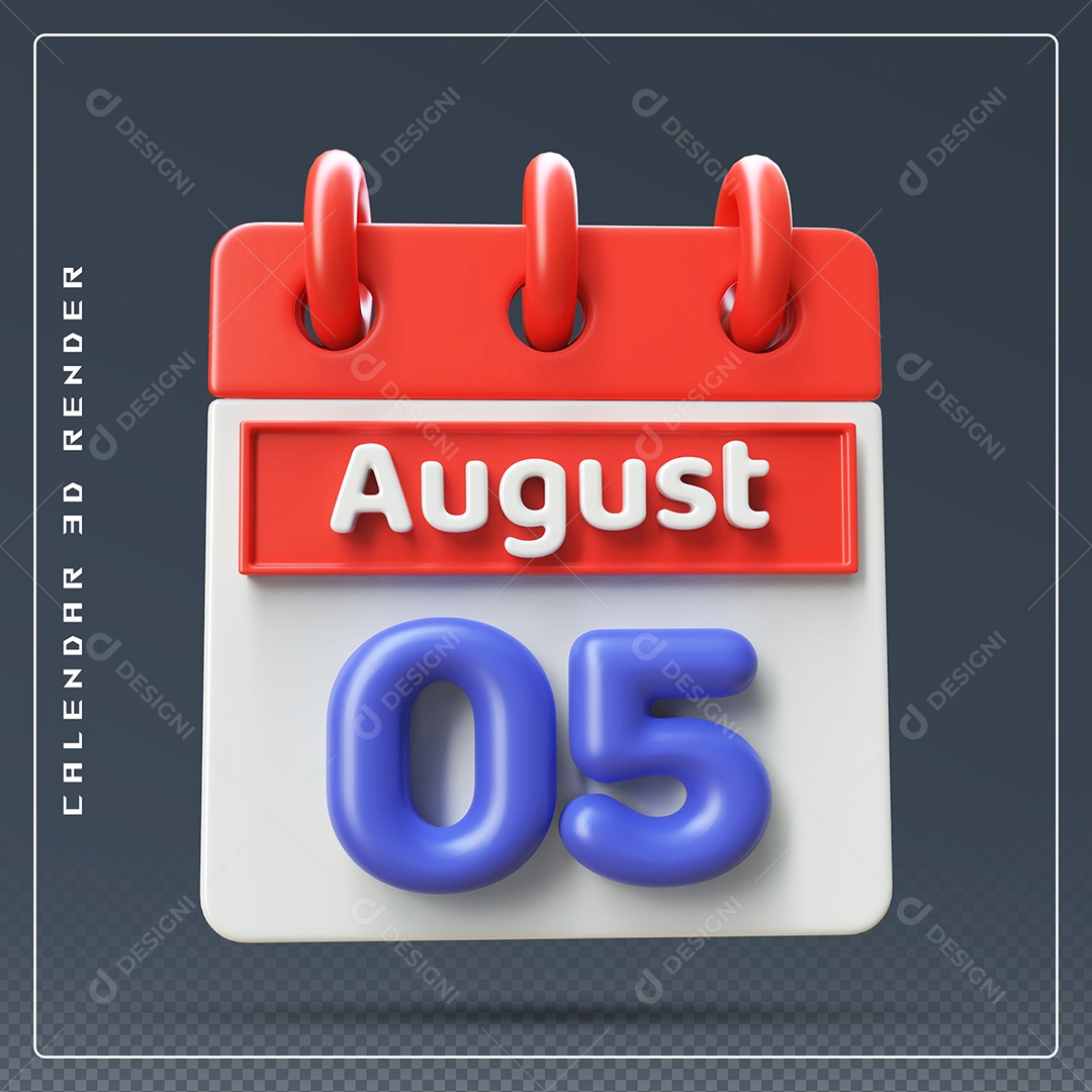 Calendário Do mês De Agosto Dia 05 Elemento 3D Vermelho Azul E Branco Para Composição PSD