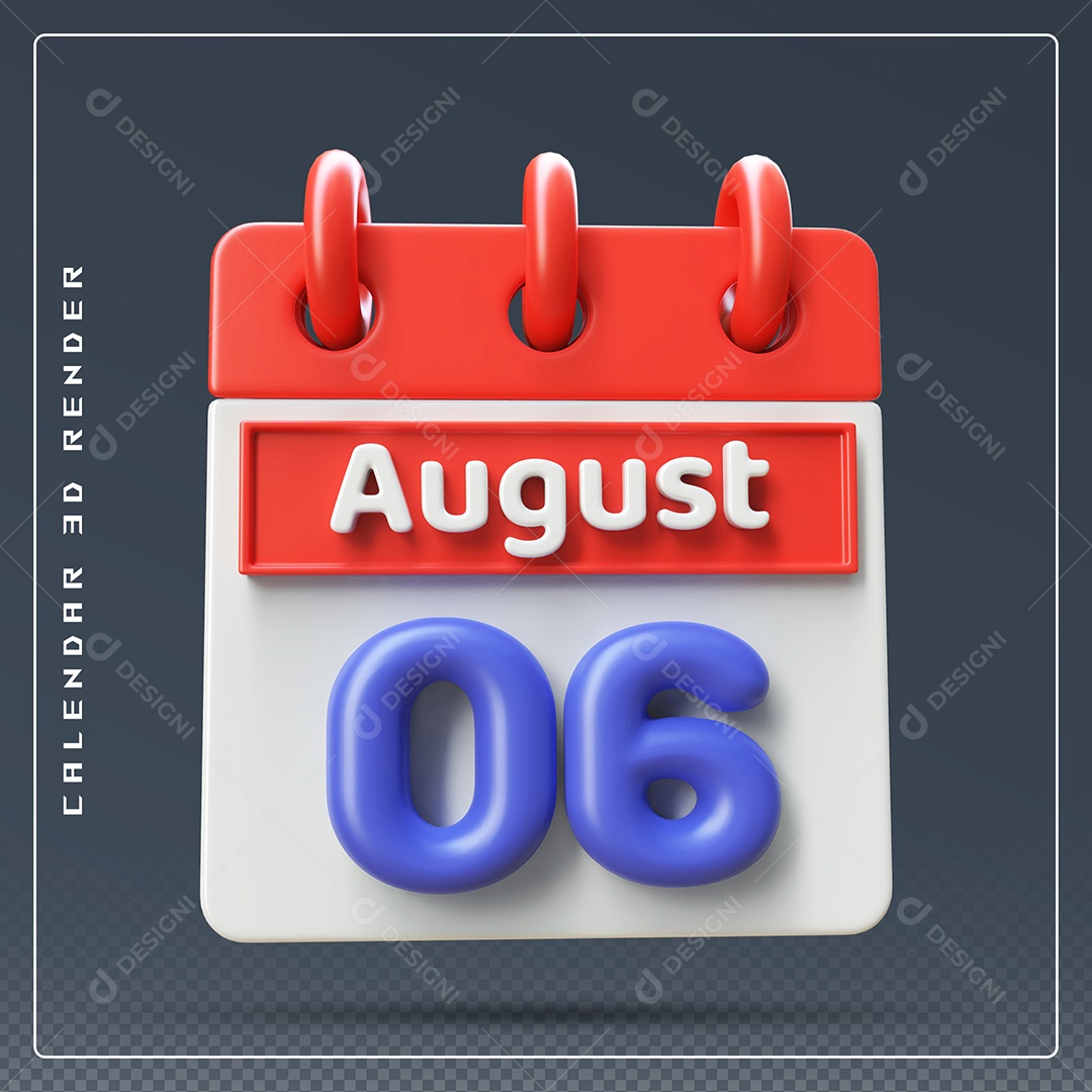Calendário Do mês De Agosto Dia 06 Elemento 3D Vermelho Azul E Branco Para Composição PSD