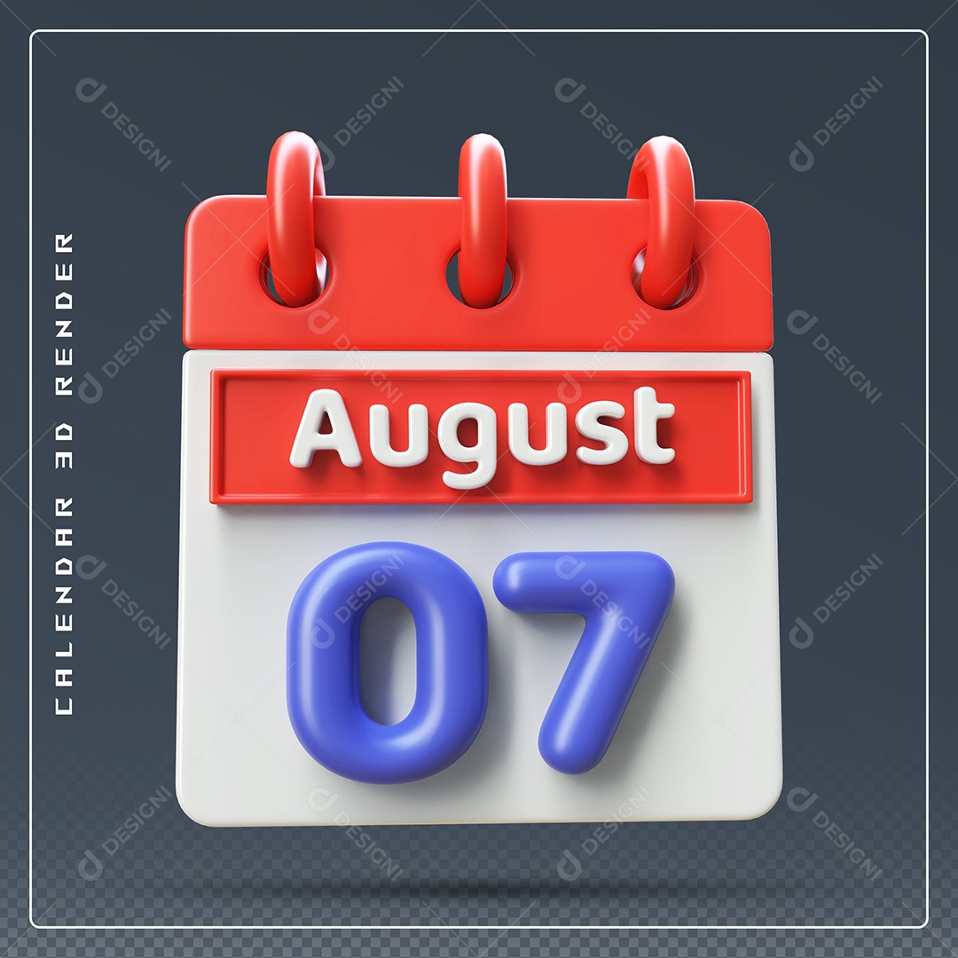 Calendário Do mês De Agosto Dia 07 Elemento 3D Vermelho Azul E Branco Para Composição PSD