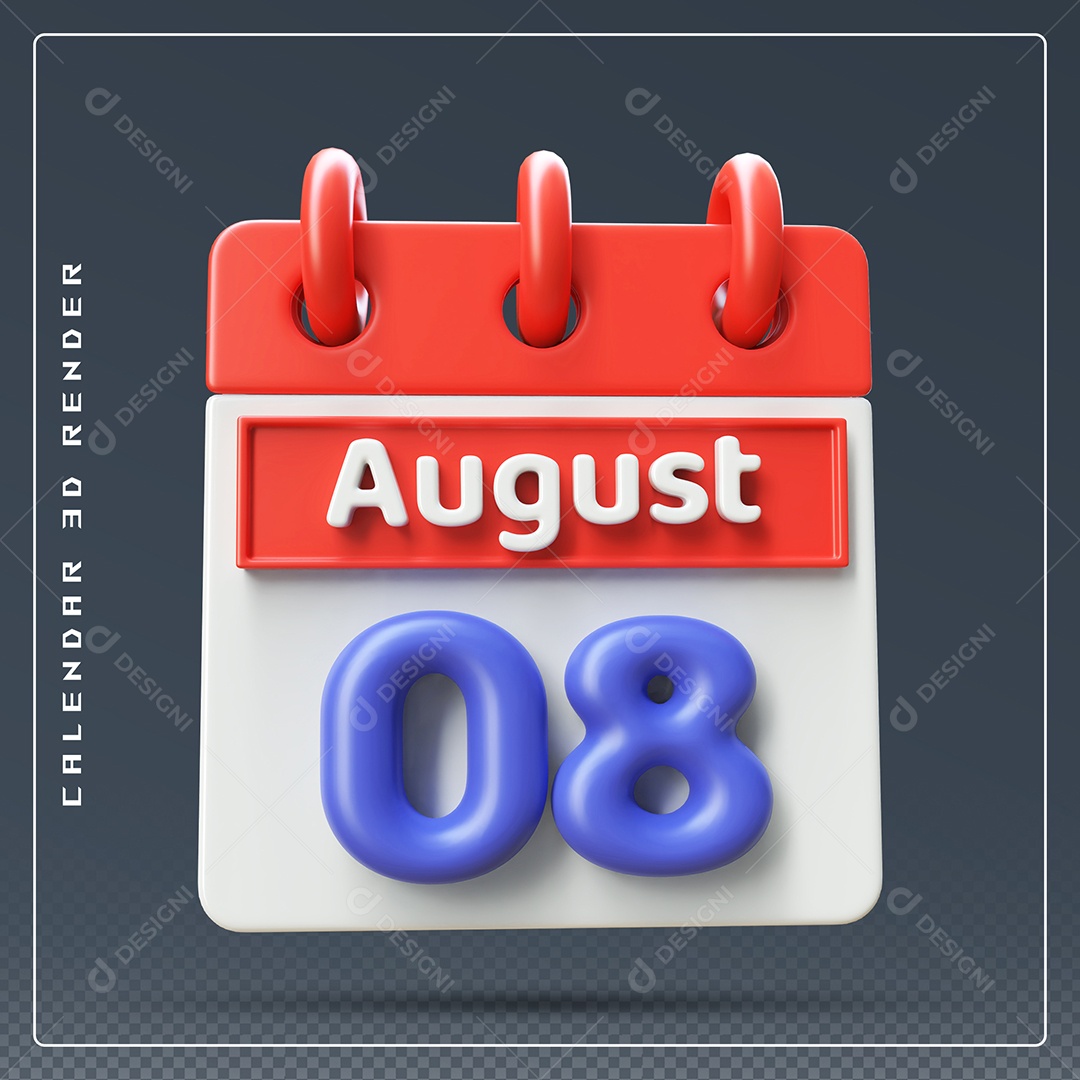 Calendário Do mês De Agosto Dia 08 Elemento 3D Vermelho Azul E Branco Para Composição PSD