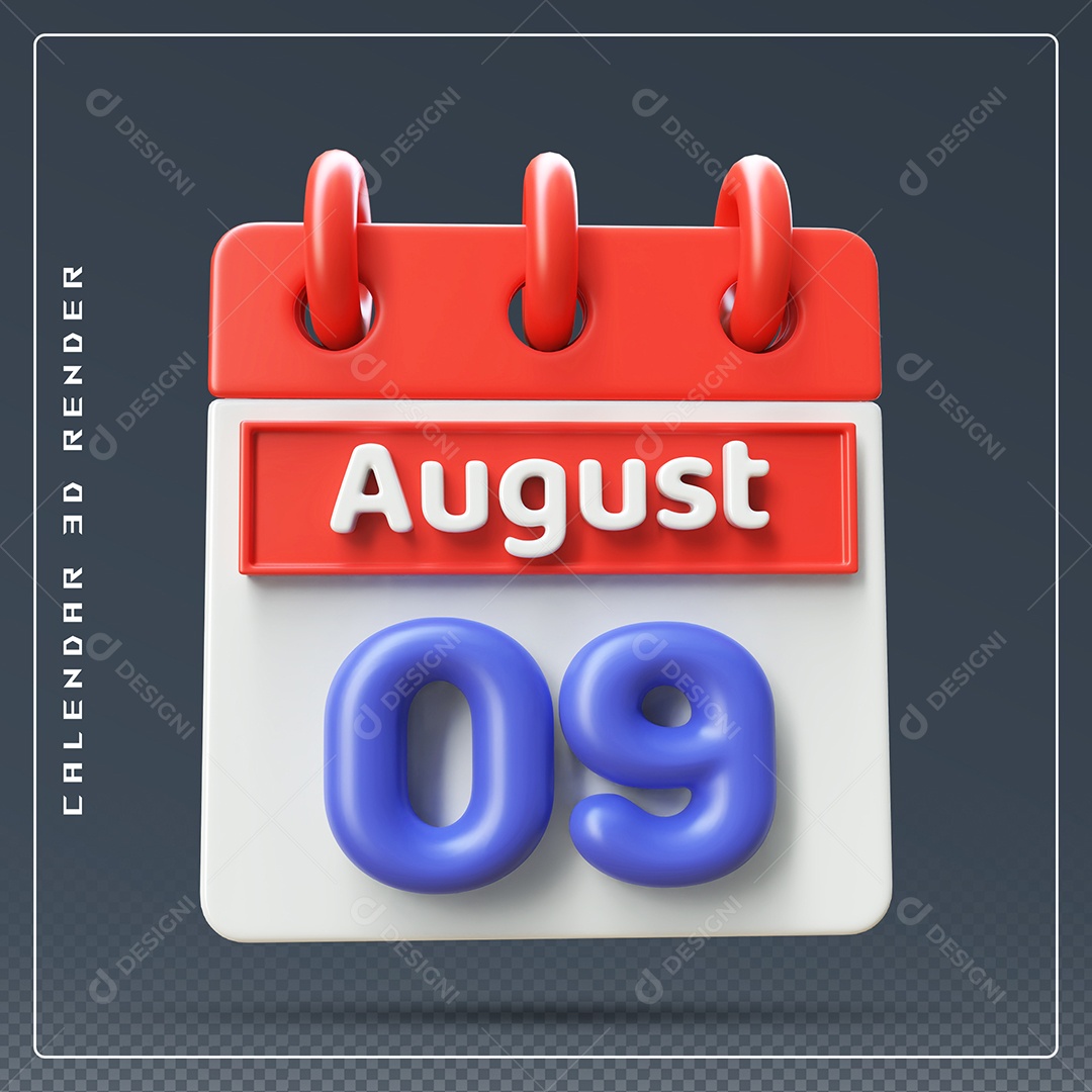 Calendário Do mês De Agosto Dia 09 Elemento 3D Vermelho Azul E Branco Para Composição PSD
