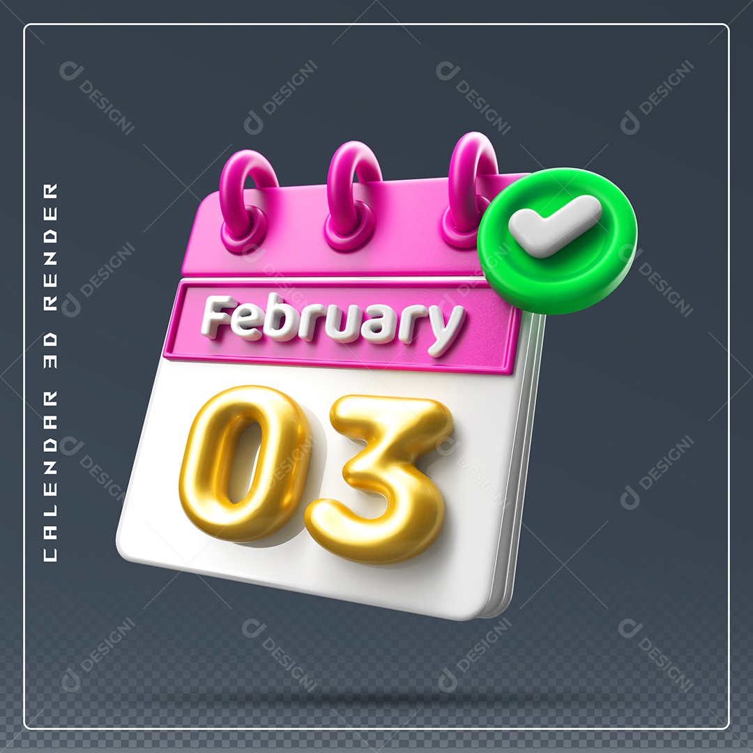 Calendário Do mês De Fevereiro Dia 03 Elemento 3D Rosa Dourado E Branco Para Composição PSD