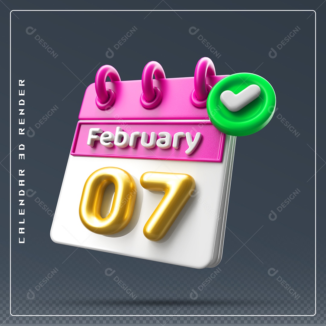 Calendário Do mês De Fevereiro Dia 07 Elemento 3D Rosa Dourado E Branco Para Composição PSD