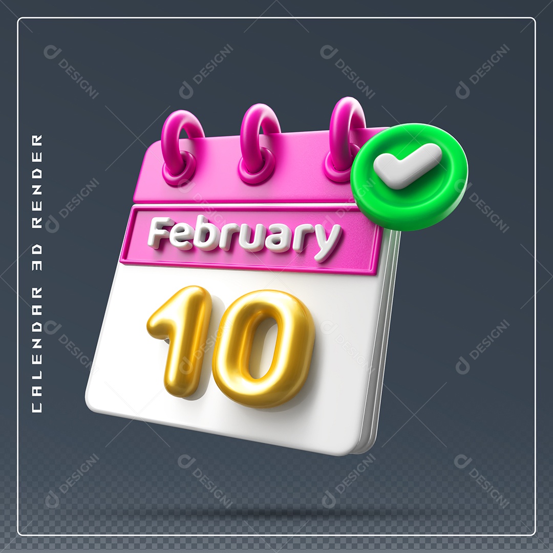 Calendário Do mês De Fevereiro Dia 10 Elemento 3D Rosa Dourado E Branco Para Composição PSD