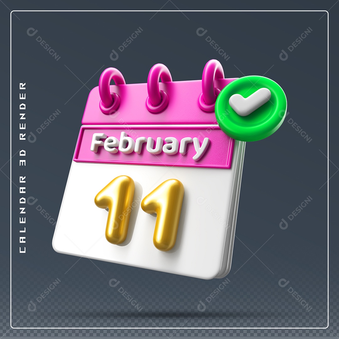 Calendário Do mês De Fevereiro Dia 11 Elemento 3D Rosa Dourado E Branco Para Composição PSD
