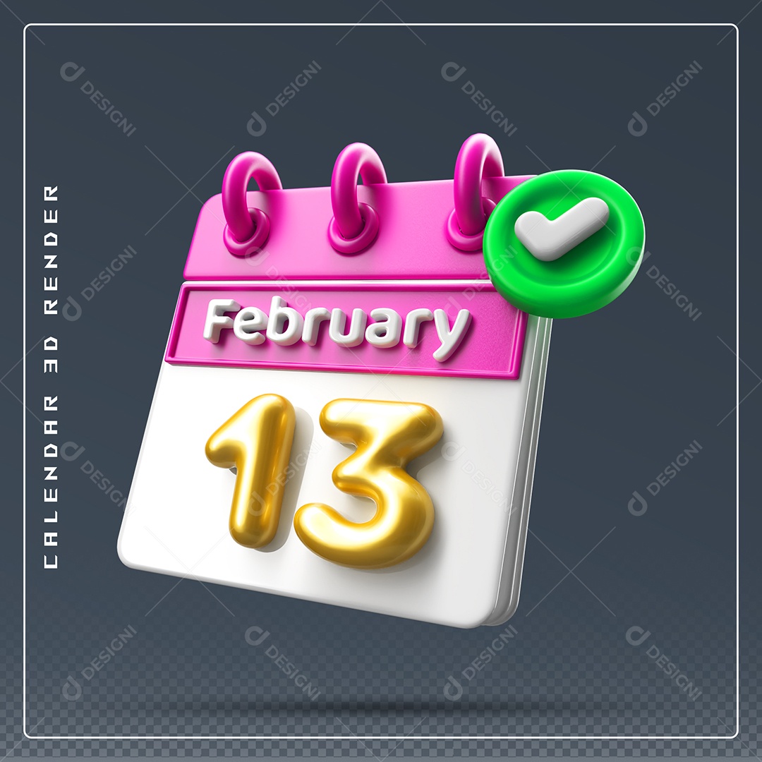 Calendário Do mês De Fevereiro Dia 13 Elemento 3D Rosa Dourado E Branco Para Composição PSD