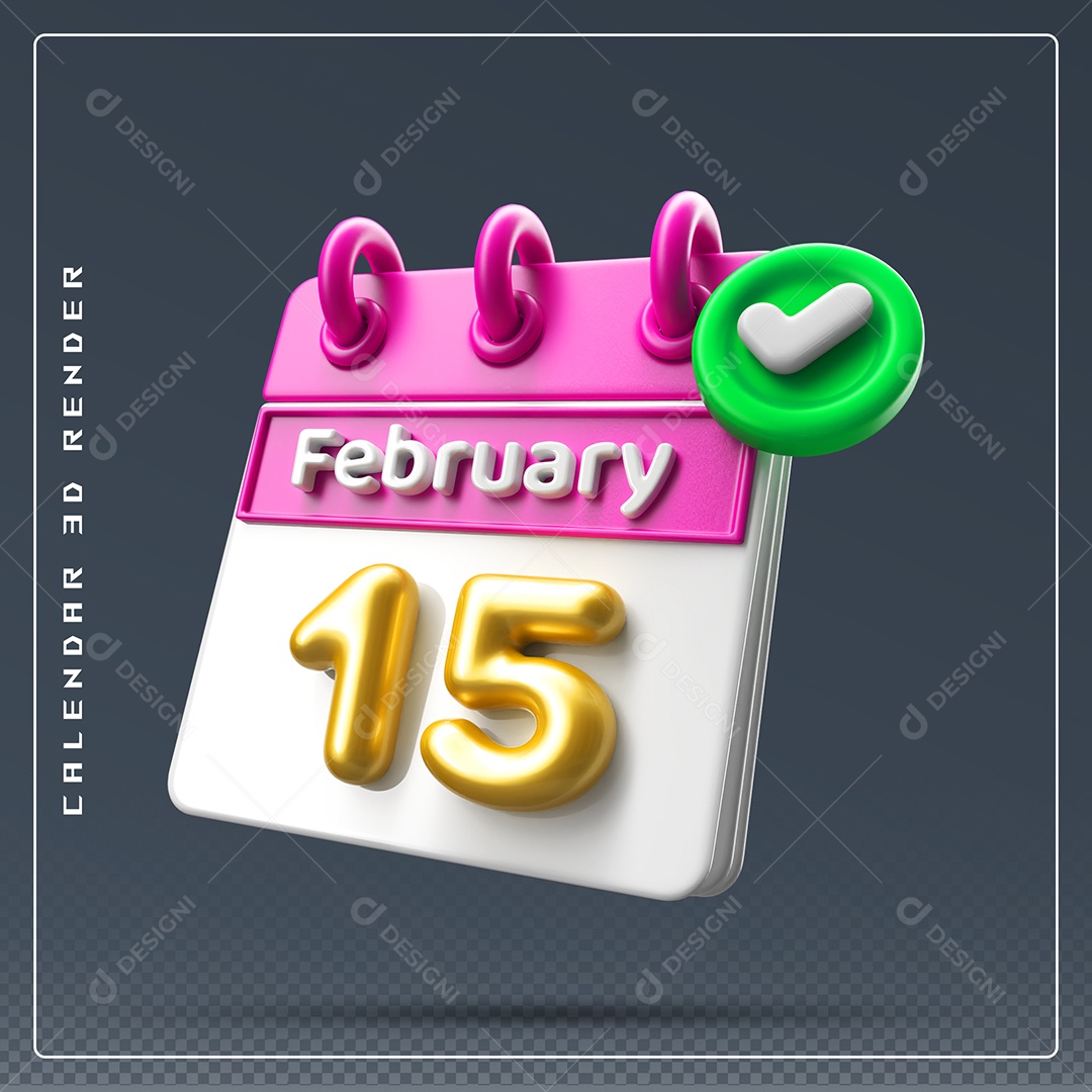 Calendário Do mês De Fevereiro Dia 15 Elemento 3D Rosa Dourado E Branco Para Composição PSD