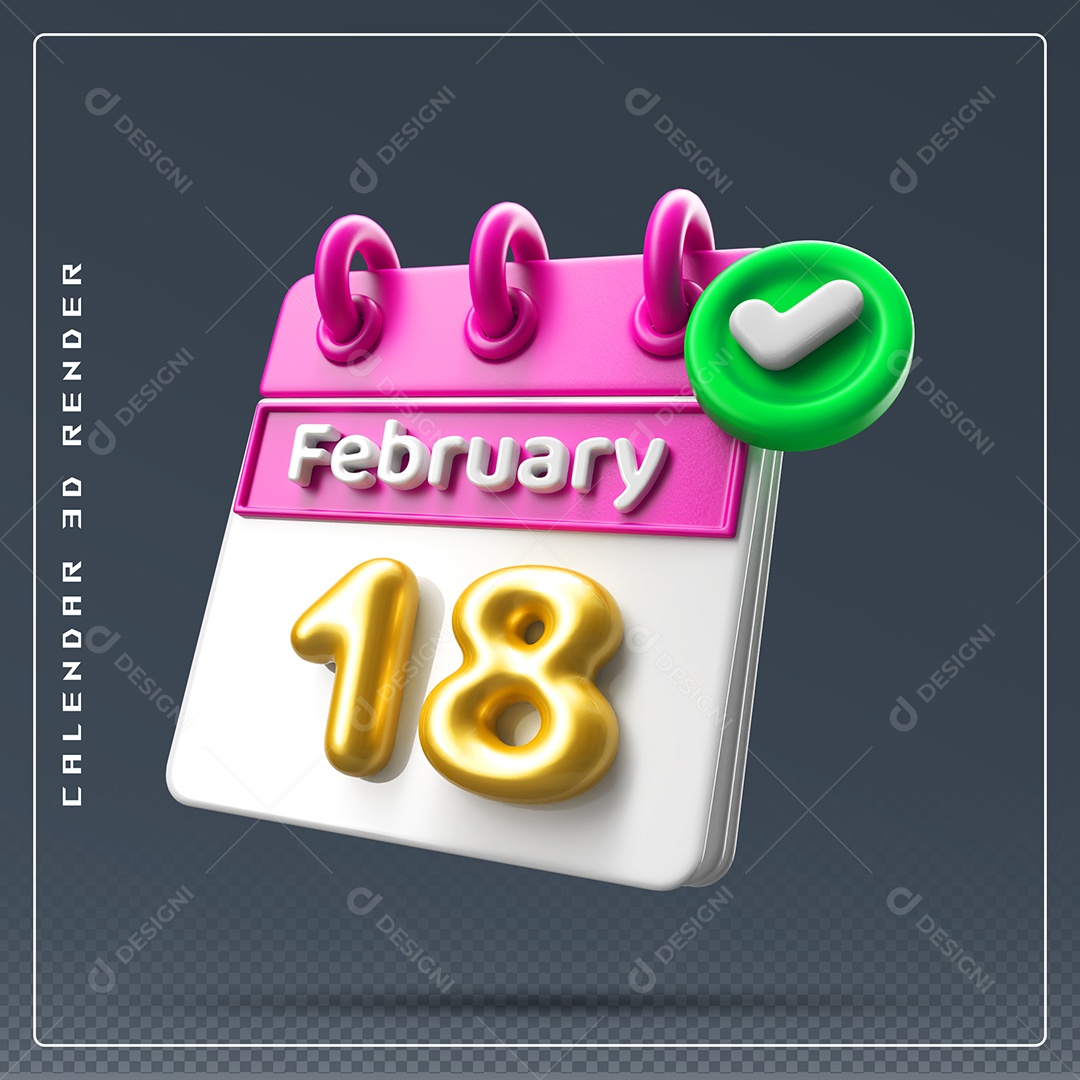 Calendário Do mês De Fevereiro Dia 18 Elemento 3D Rosa Dourado E Branco Para Composição PSD