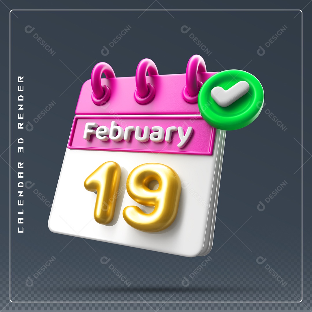 Calendário Do mês De Fevereiro Dia 19 Elemento 3D Rosa Dourado E Branco Para Composição PSD