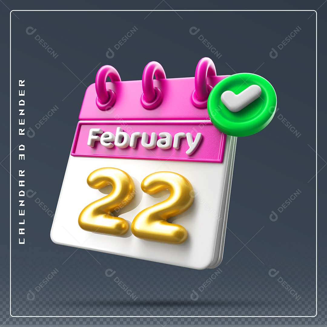 Calendário Do mês De Fevereiro Dia 22 Elemento 3D Rosa Dourado E Branco Para Composição PSD