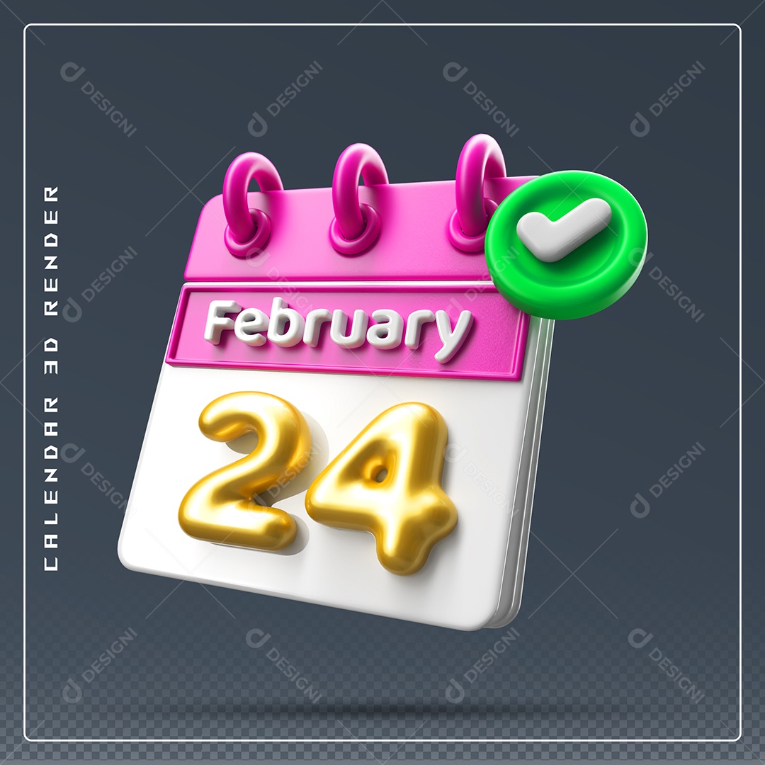 Calendário Do mês De Fevereiro Dia 24 Elemento 3D Rosa Dourado E Branco Para Composição PSD