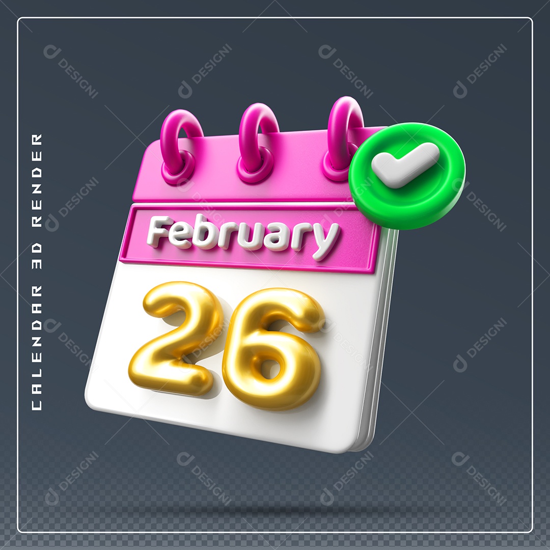 Calendário Do mês De Fevereiro Dia 26 Elemento 3D Rosa Dourado E Branco Para Composição PSD