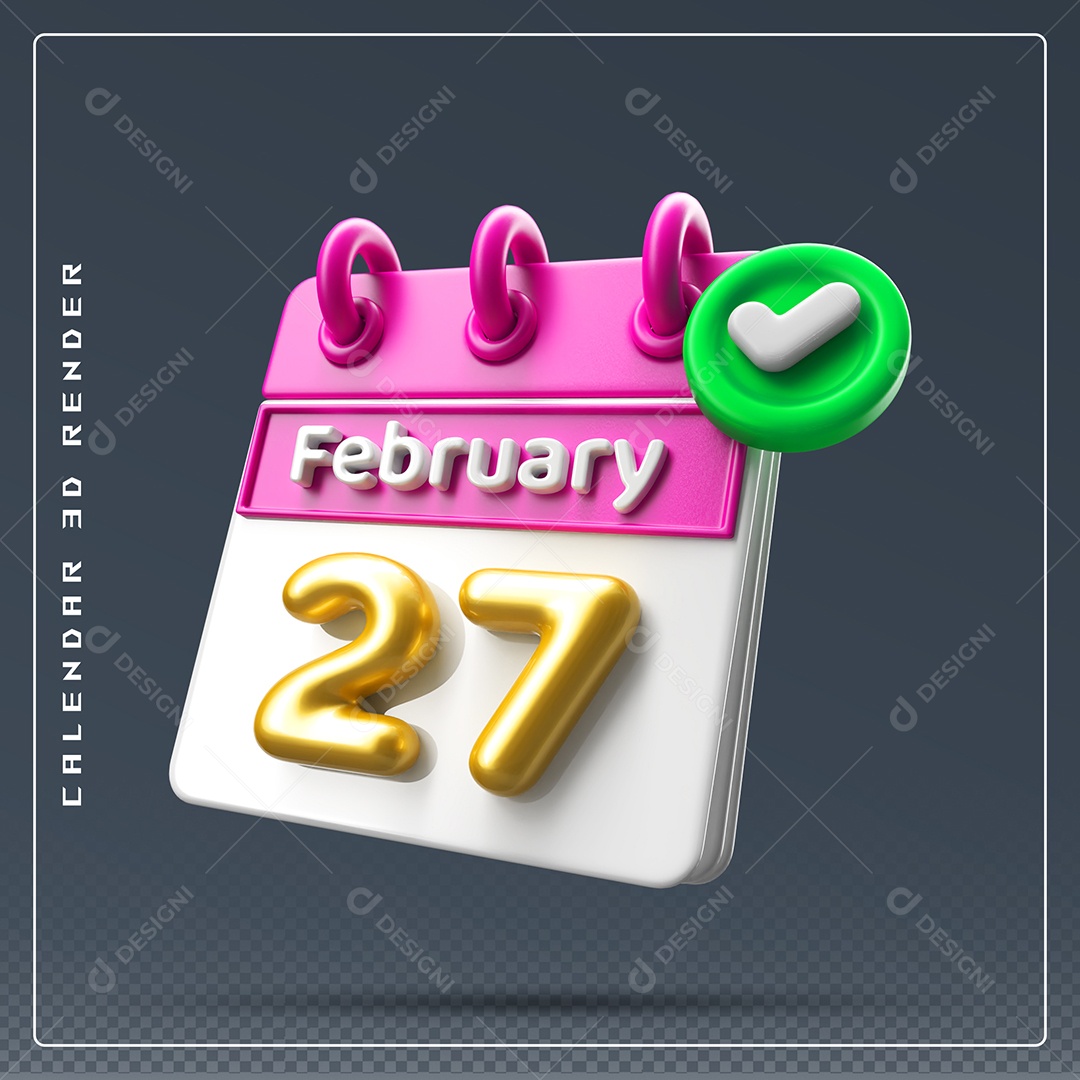 Calendário Do mês De Fevereiro Dia 27 Elemento 3D Rosa Dourado E Branco Para Composição PSD