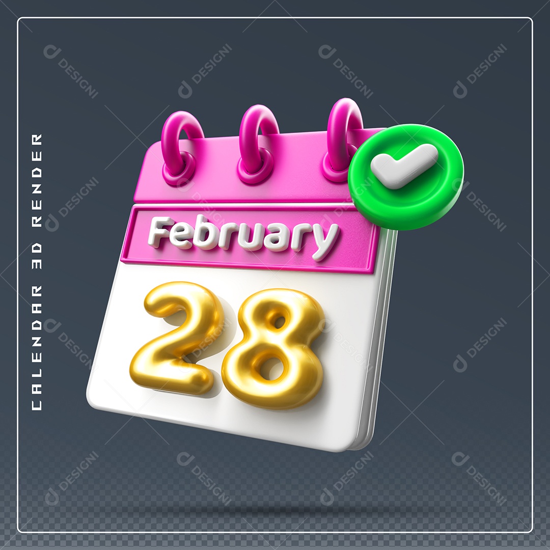 Calendário Do mês De Fevereiro Dia 28 Elemento 3D Rosa Dourado E Branco Para Composição PSD