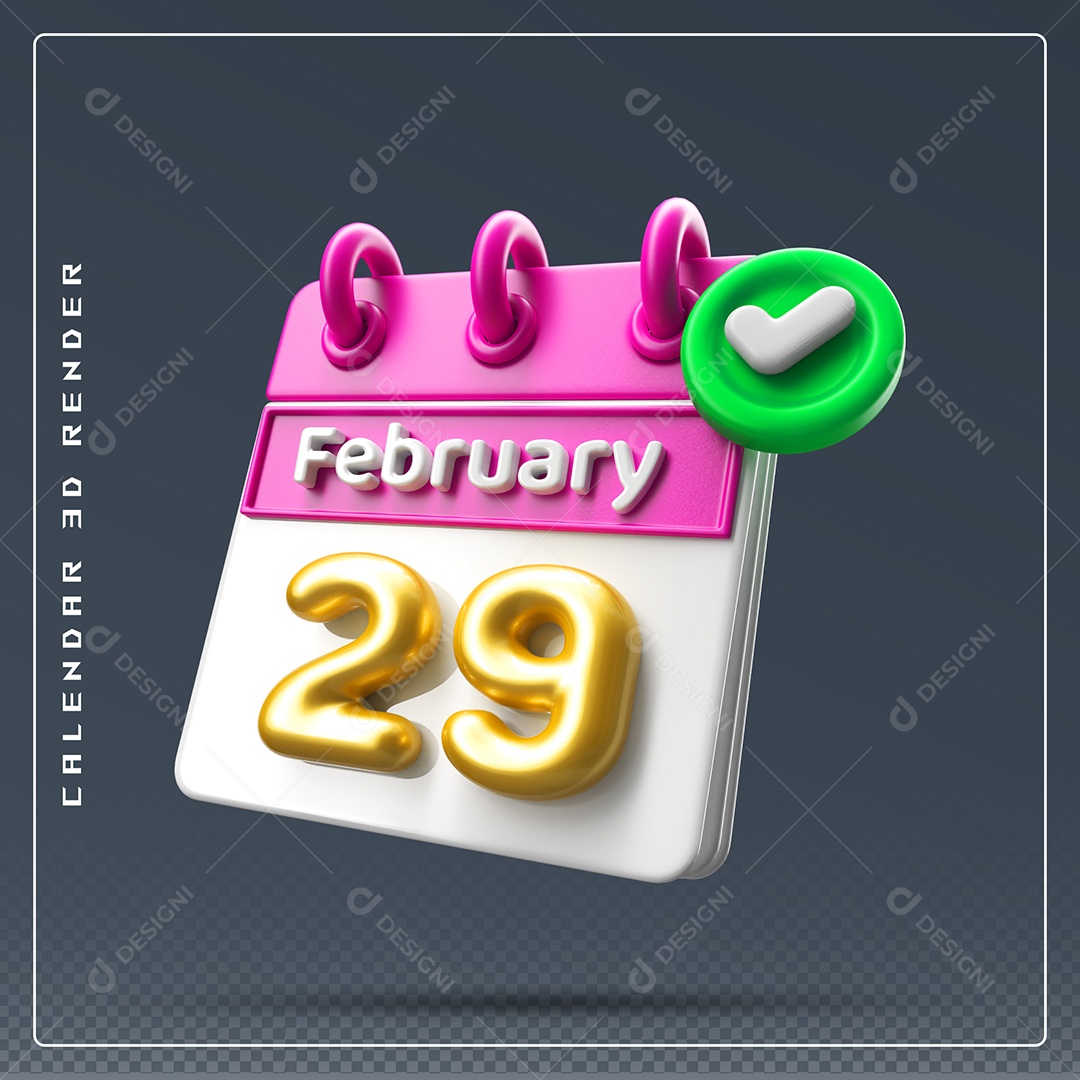 Calendário Do mês De Fevereiro Dia 29 Elemento 3D Rosa Dourado E Branco Para Composição PSD