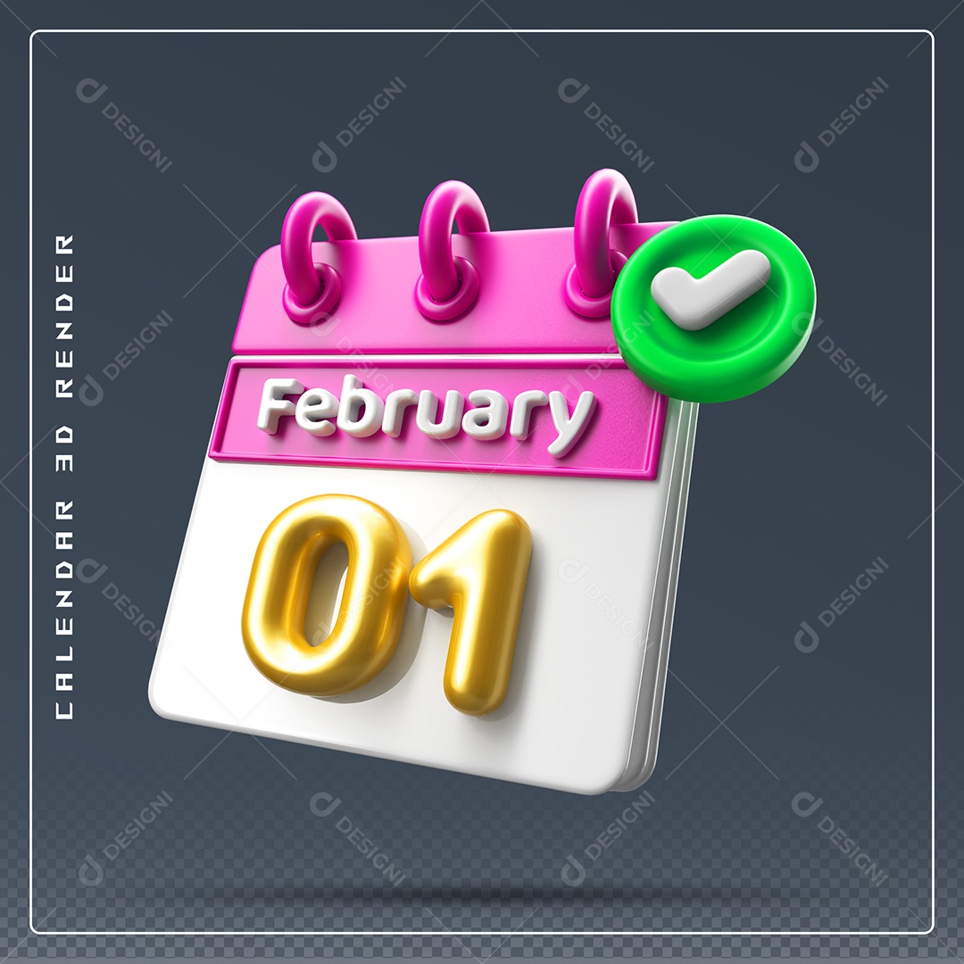 Calendário Do mês De Fevereiro Dia 01 Elemento 3D Rosa Dourado E Branco Para Composição PSD