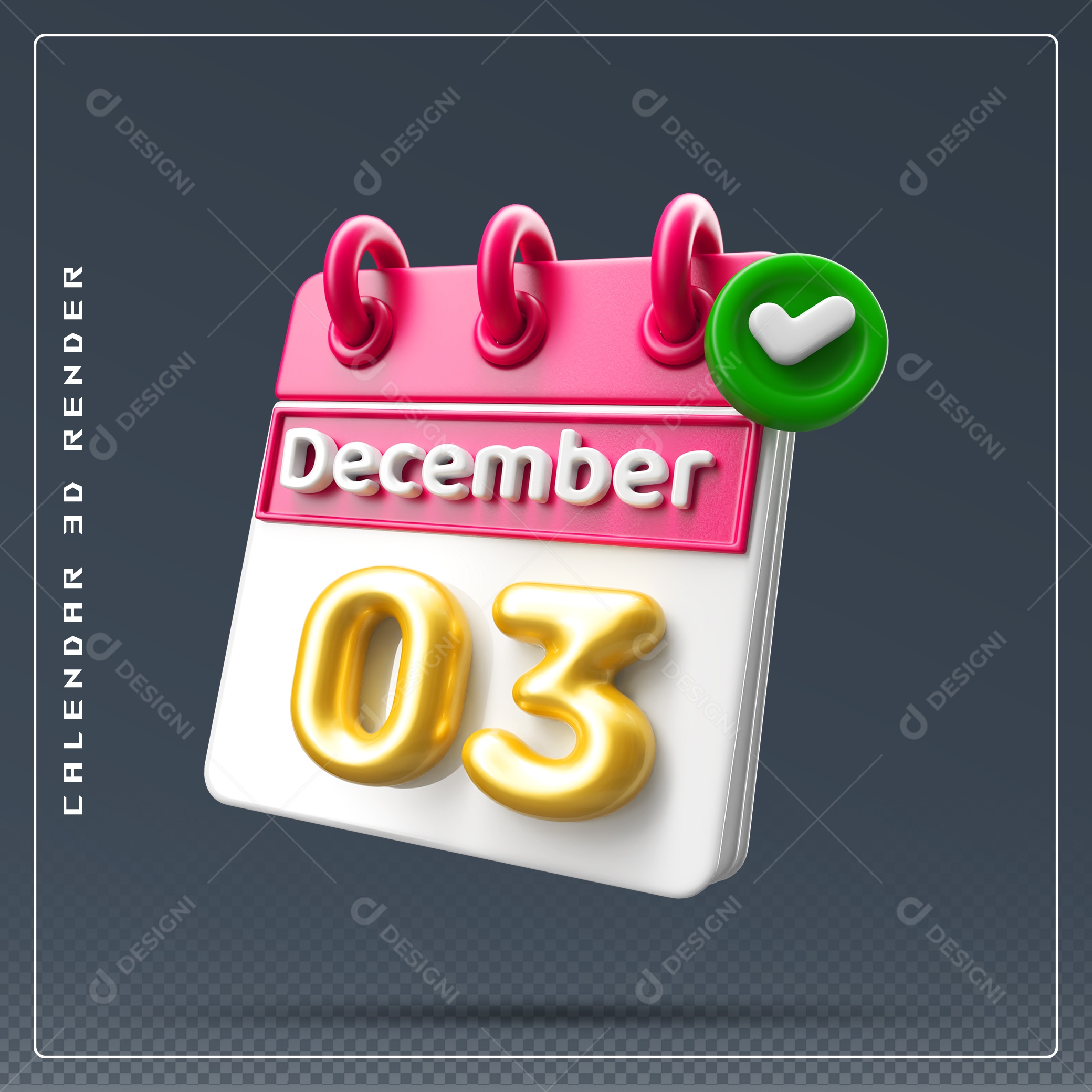 Calendário Do mês De Dezembro Dia 03 Elemento 3D Rosa Dourado E Branco Para Composição PSD