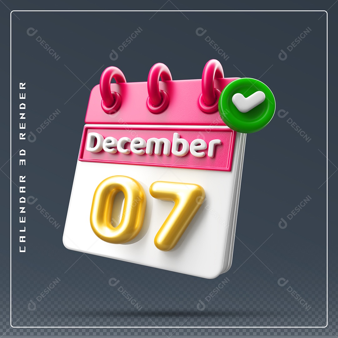 Calendário Do mês De Dezembro Dia 07 Elemento 3D Rosa Dourado E Branco Para Composição PSD