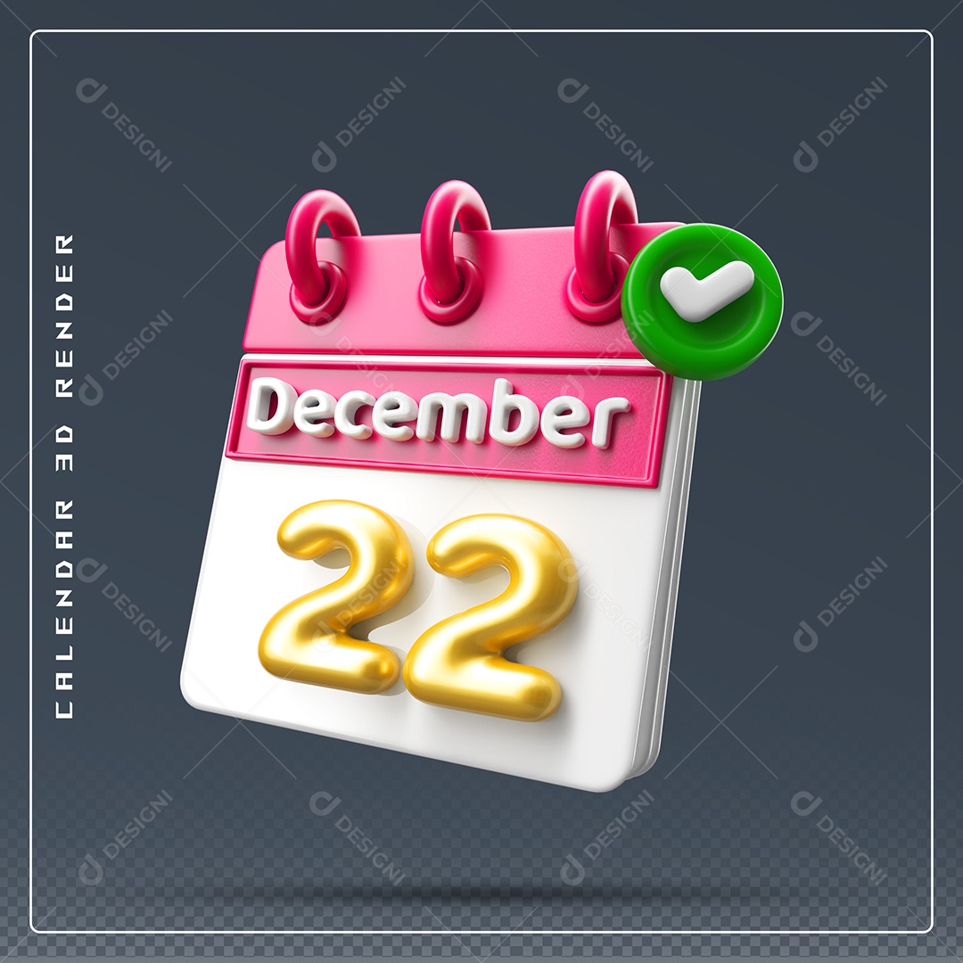 Calendário Do mês De Dezembro Dia 22 Elemento 3D Rosa Dourado E Branco Para Composição PSD