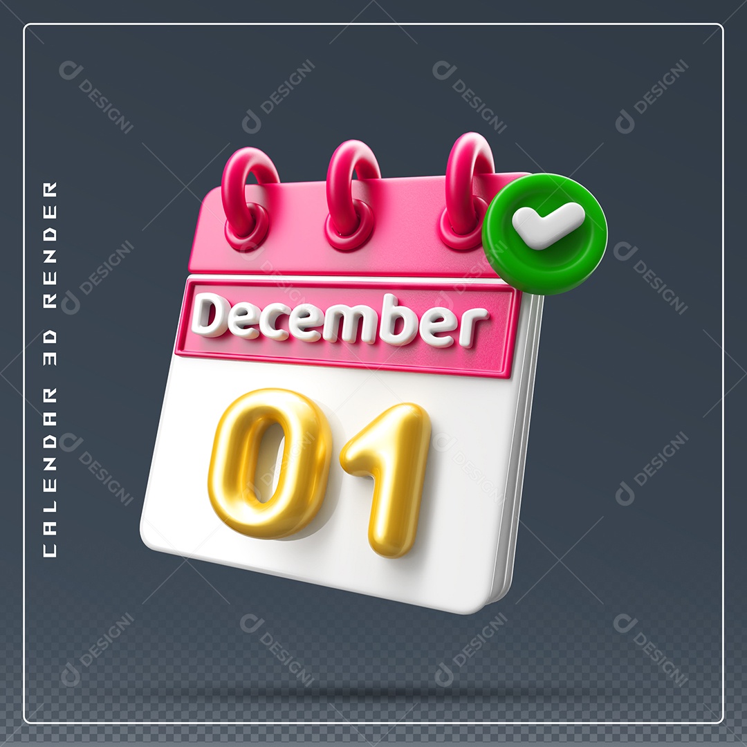 Calendário Do mês De Dezembro Dia 01 Elemento 3D Rosa Dourado E Branco Para Composição PSD