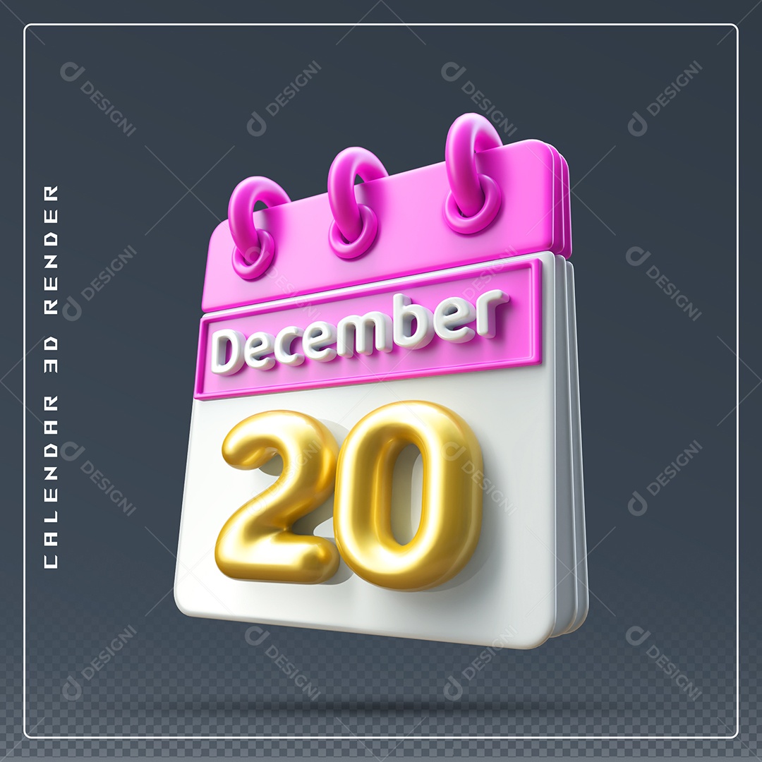 Calendário Do mês De Dezembro Dia 20 Elemento 3D Rosa Dourado E Branco Para Composição PSD