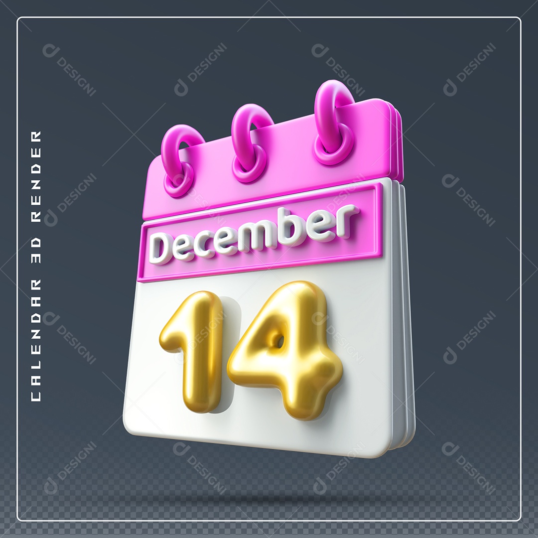 Calendário Do mês De Dezembro Dia 14 Elemento 3D Rosa Dourado E Branco Para Composição PSD