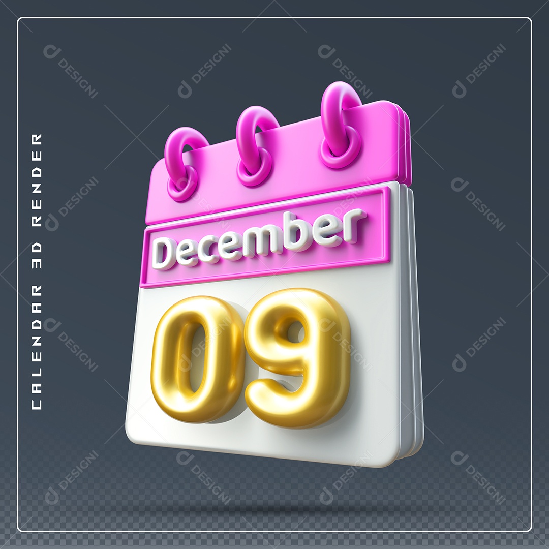 Calendário Do mês De Dezembro Dia 09 Elemento 3D Rosa Dourado E Branco Para Composição PSD