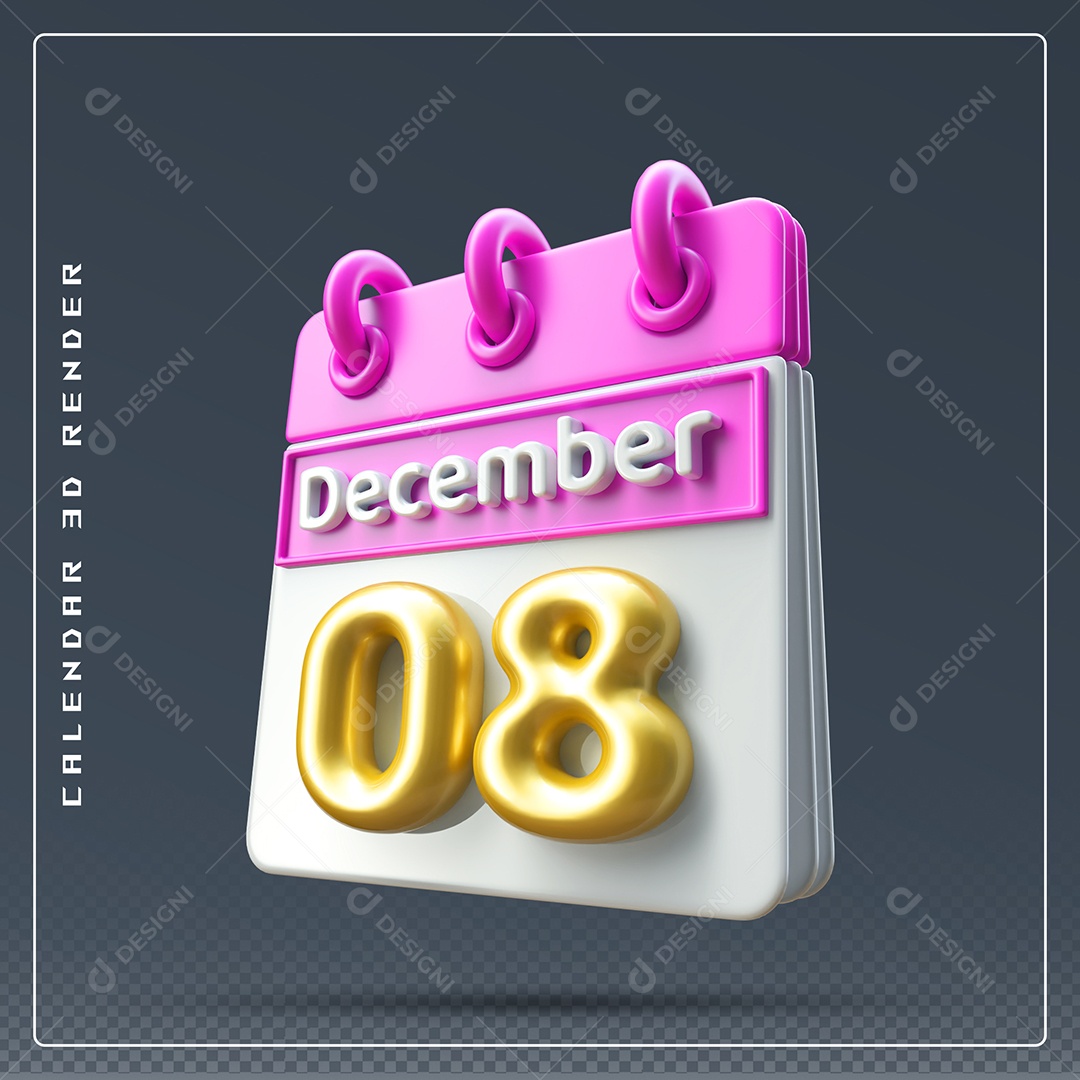 Calendário Do mês De Dezembro Dia 08 Elemento 3D Rosa Dourado E Branco Para Composição PSD