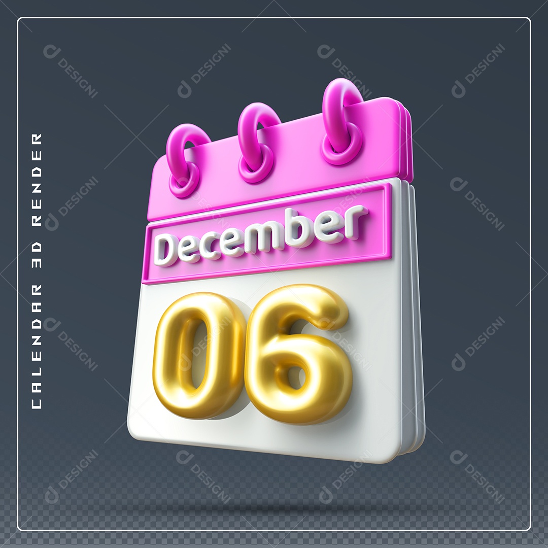 Calendário Do mês De Dezembro Dia 06 Elemento 3D Rosa Dourado E Branco Para Composição PSD