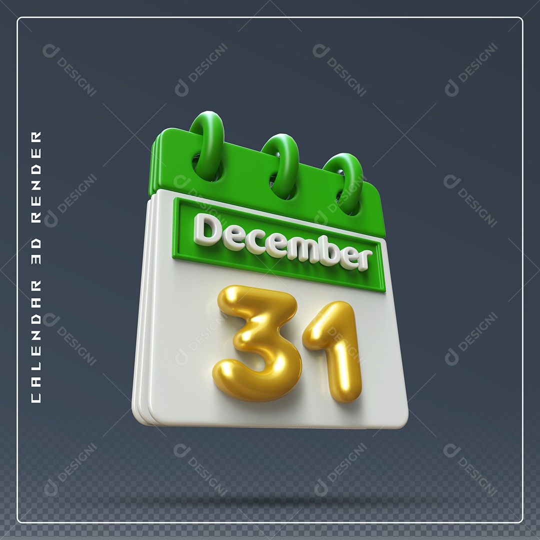 Calendário Do mês De Dezembro Dia 31 Elemento 3D Verde Dourado E Branco Para Composição PSD