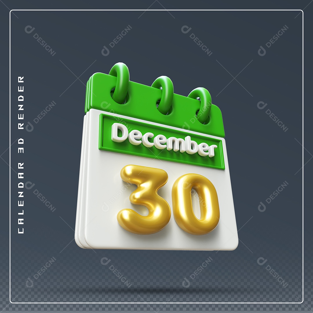 Calendário Do mês De Dezembro Dia 30 Elemento 3D Verde Dourado E Branco Para Composição PSD