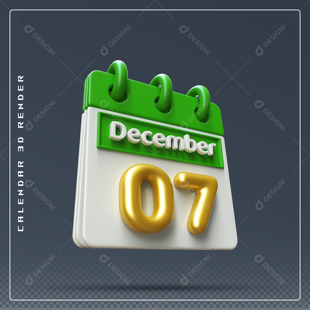 Calendário Do mês De Dezembro Dia 07 Elemento 3D Verde Dourado E Branco Para Composição PSD