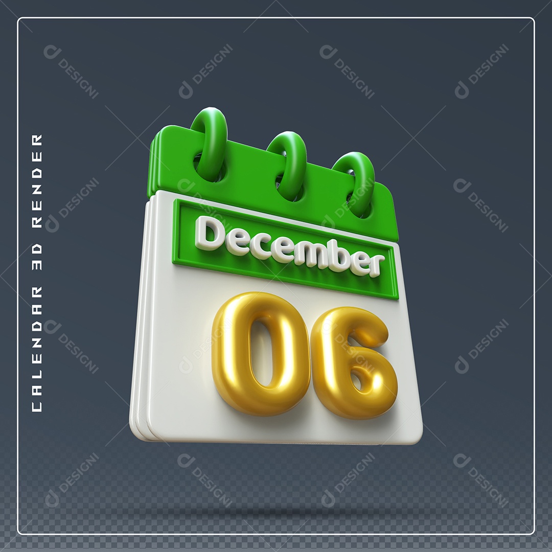 Calendário Do mês De Dezembro Dia 06 Elemento 3D Verde Dourado E Branco Para Composição PSD