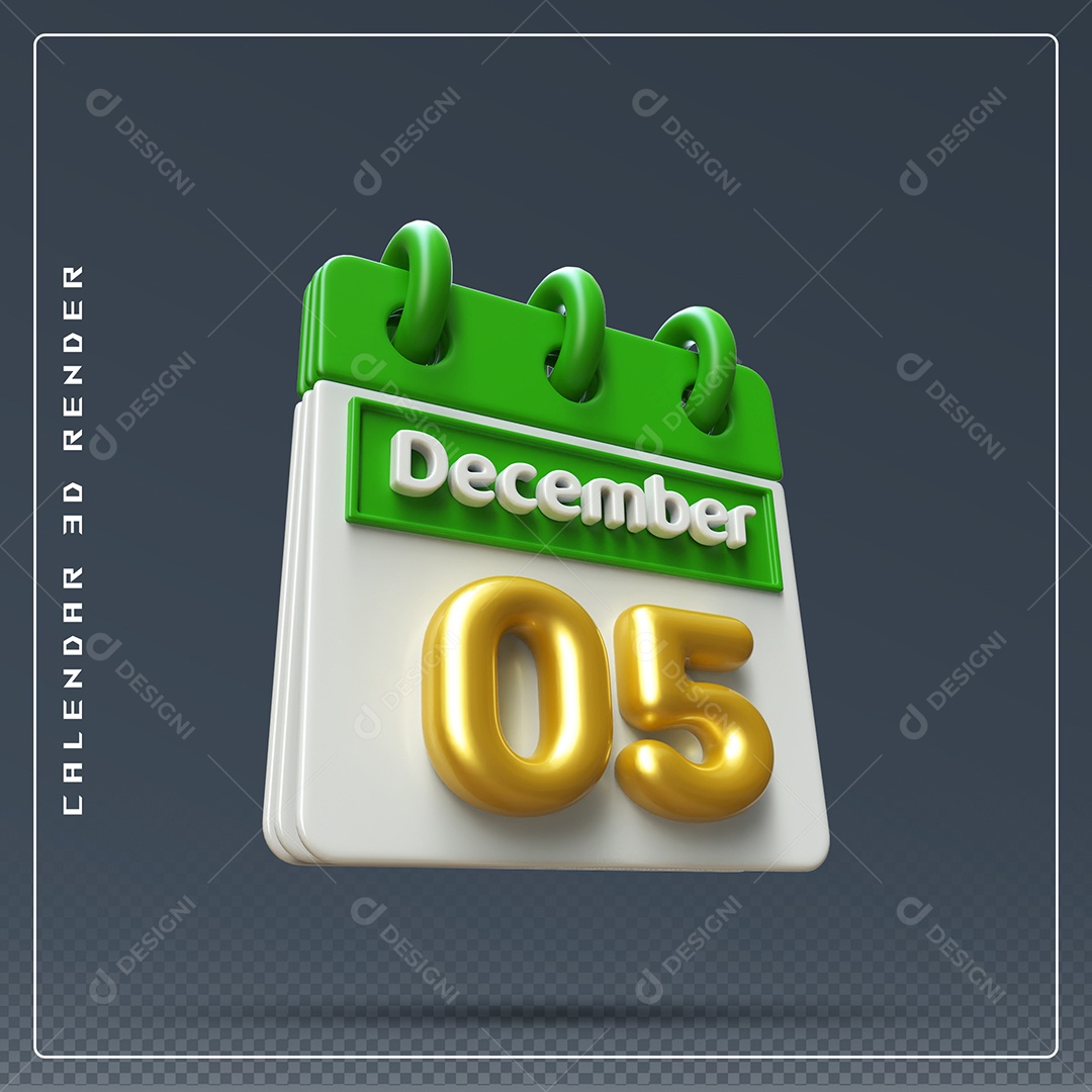Calendário Do mês De Dezembro Dia 05 Elemento 3D Verde Dourado E Branco Para Composição PSD