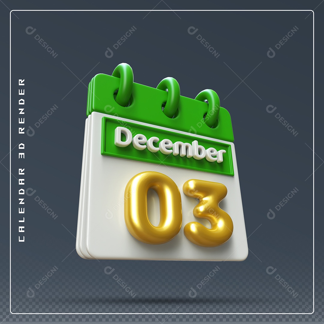 Calendário Do mês De Dezembro Dia 03 Elemento 3D Verde Dourado E Branco Para Composição PSD