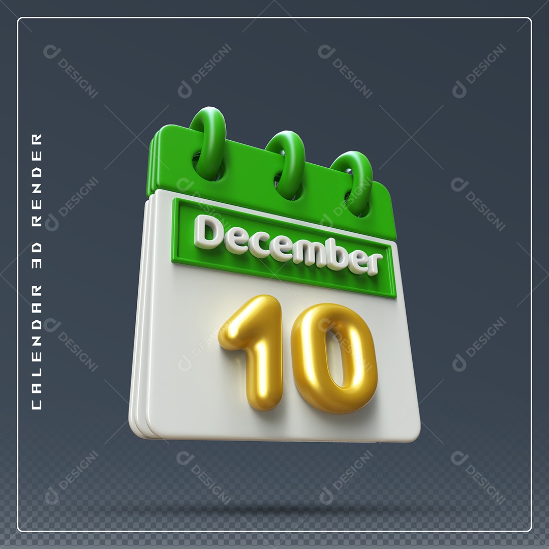 Calendário Do mês De Dezembro Dia 10 Elemento 3D Verde Dourado E Branco Para Composição PSD
