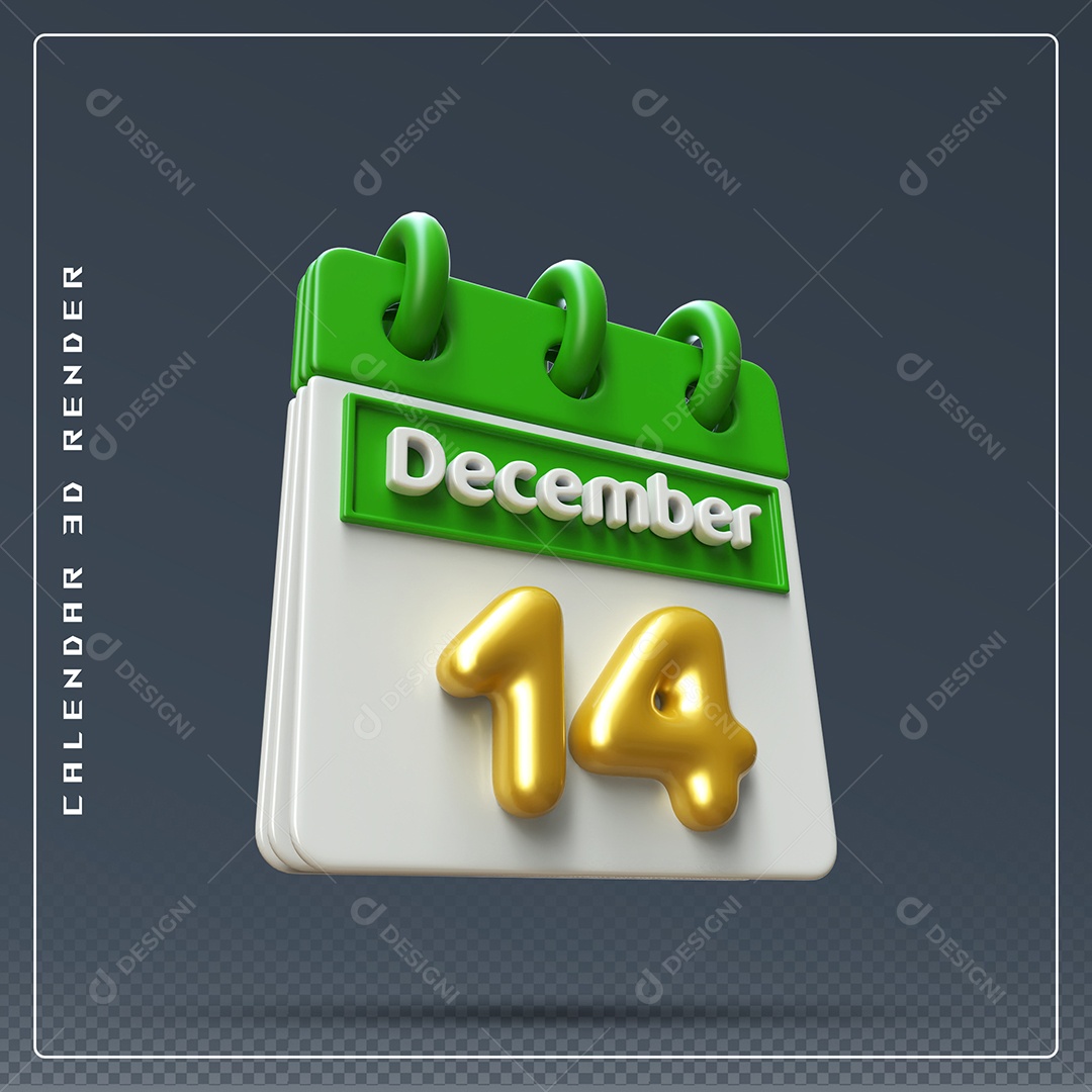 Calendário Do mês De Dezembro Dia 14 Elemento 3D Verde Dourado E Branco Para Composição PSD