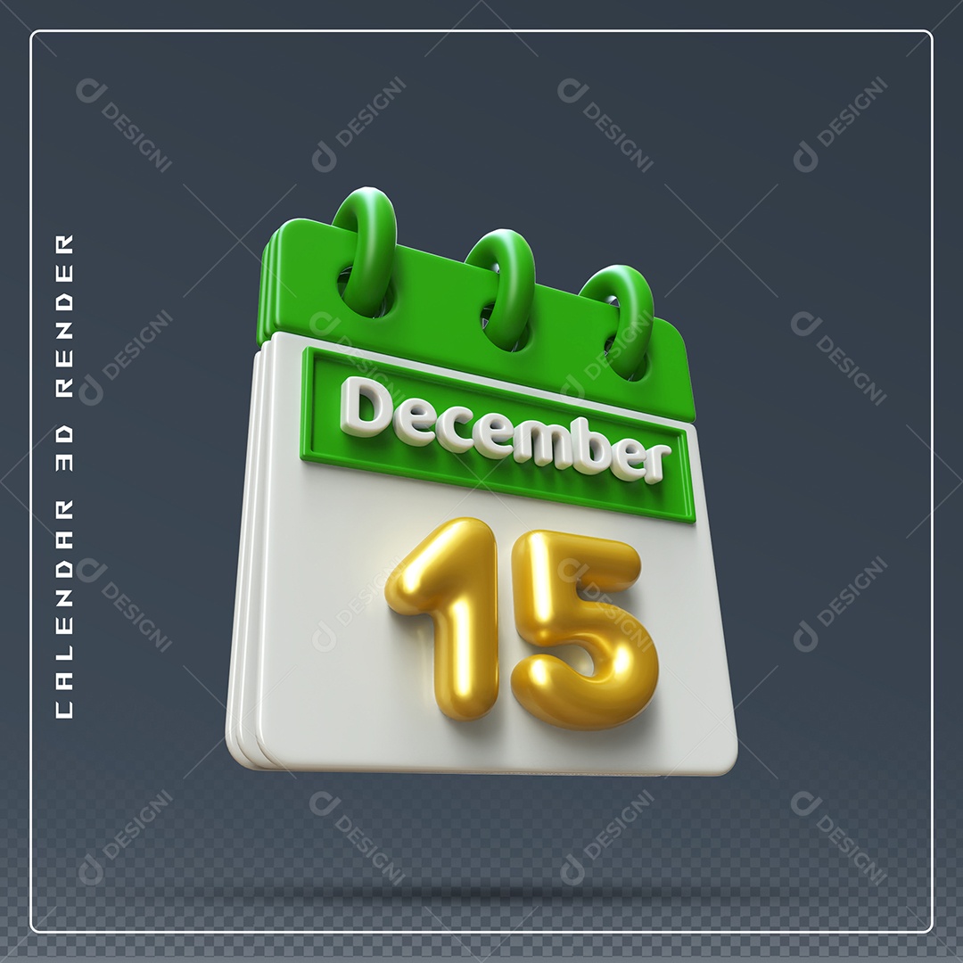 Calendário Do mês De Dezembro Dia 15 Elemento 3D Verde Dourado E Branco Para Composição PSD