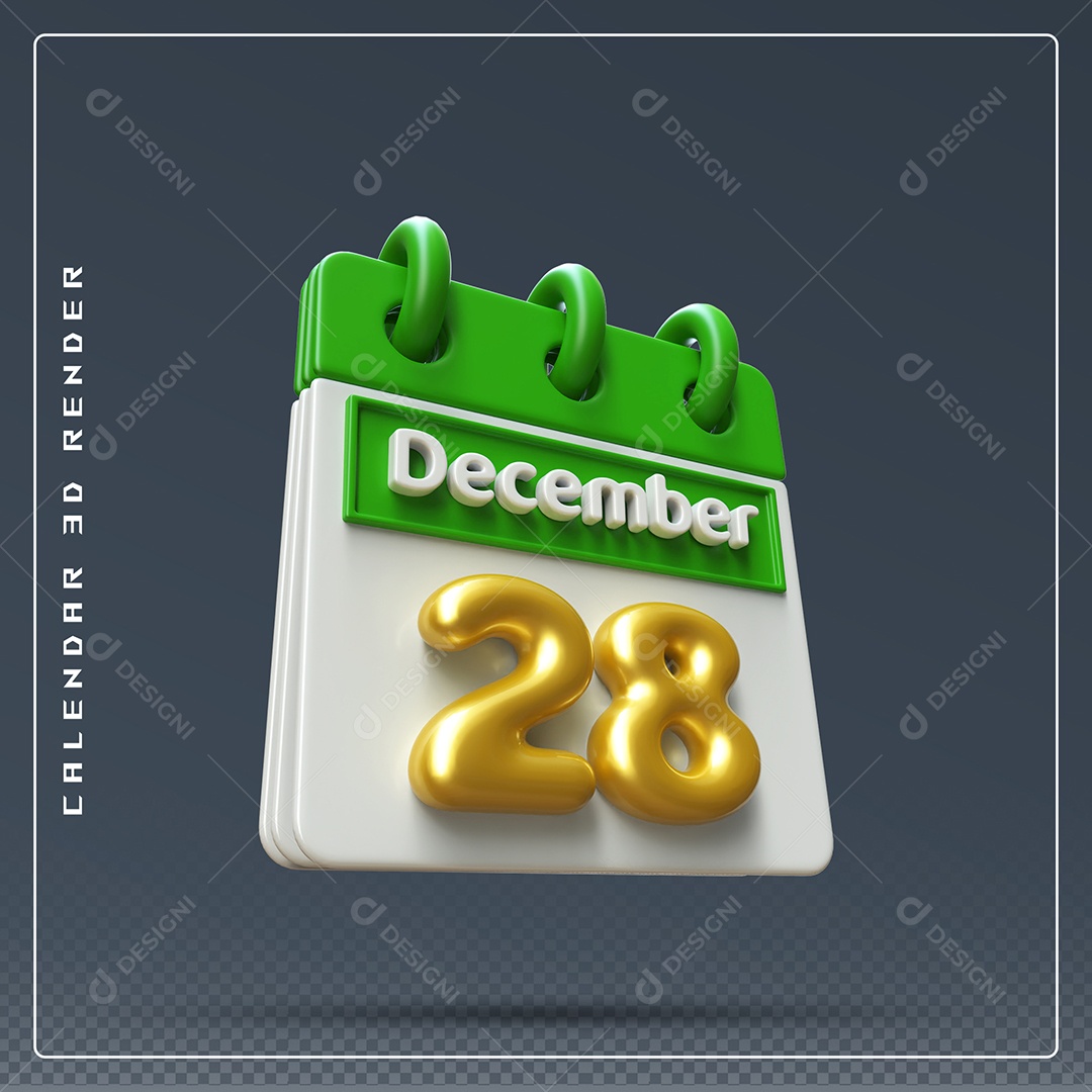 Calendário Do mês De Dezembro Dia 28 Elemento 3D Verde Dourado E Branco Para Composição PSD