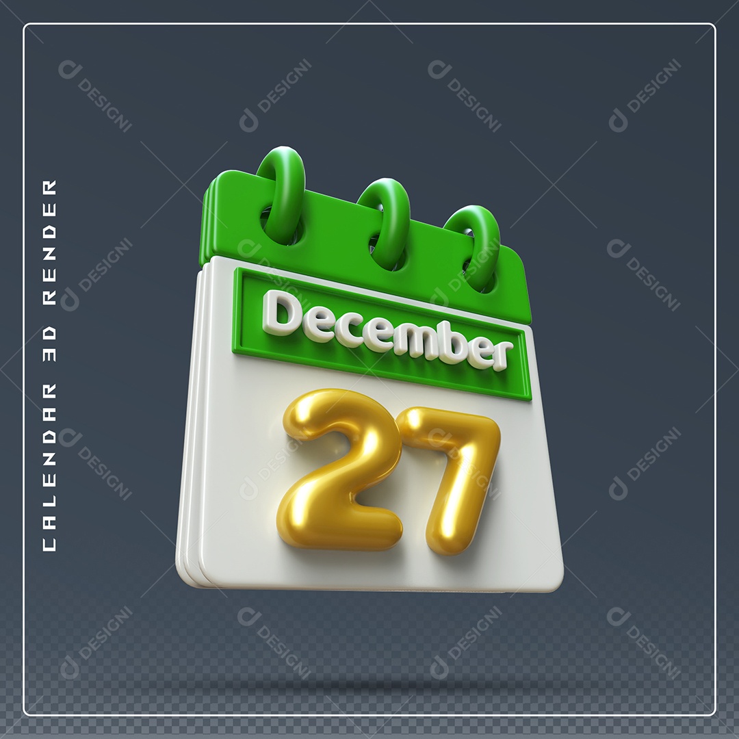 Calendário Do mês De Dezembro Dia 27 Elemento 3D Verde Dourado E Branco Para Composição PSD