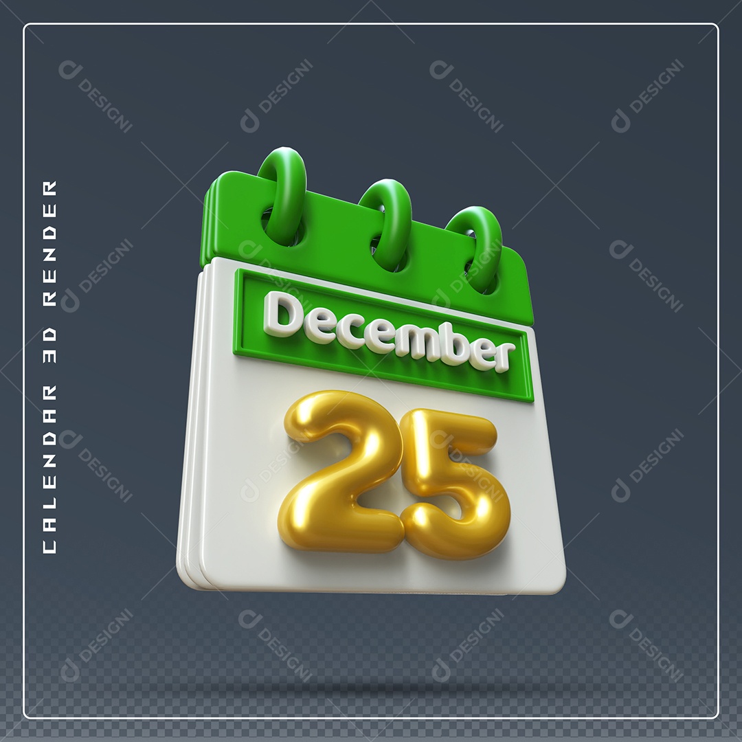 Calendário Do mês De Dezembro Dia 25 Elemento 3D Verde Dourado E Branco Para Composição PSD