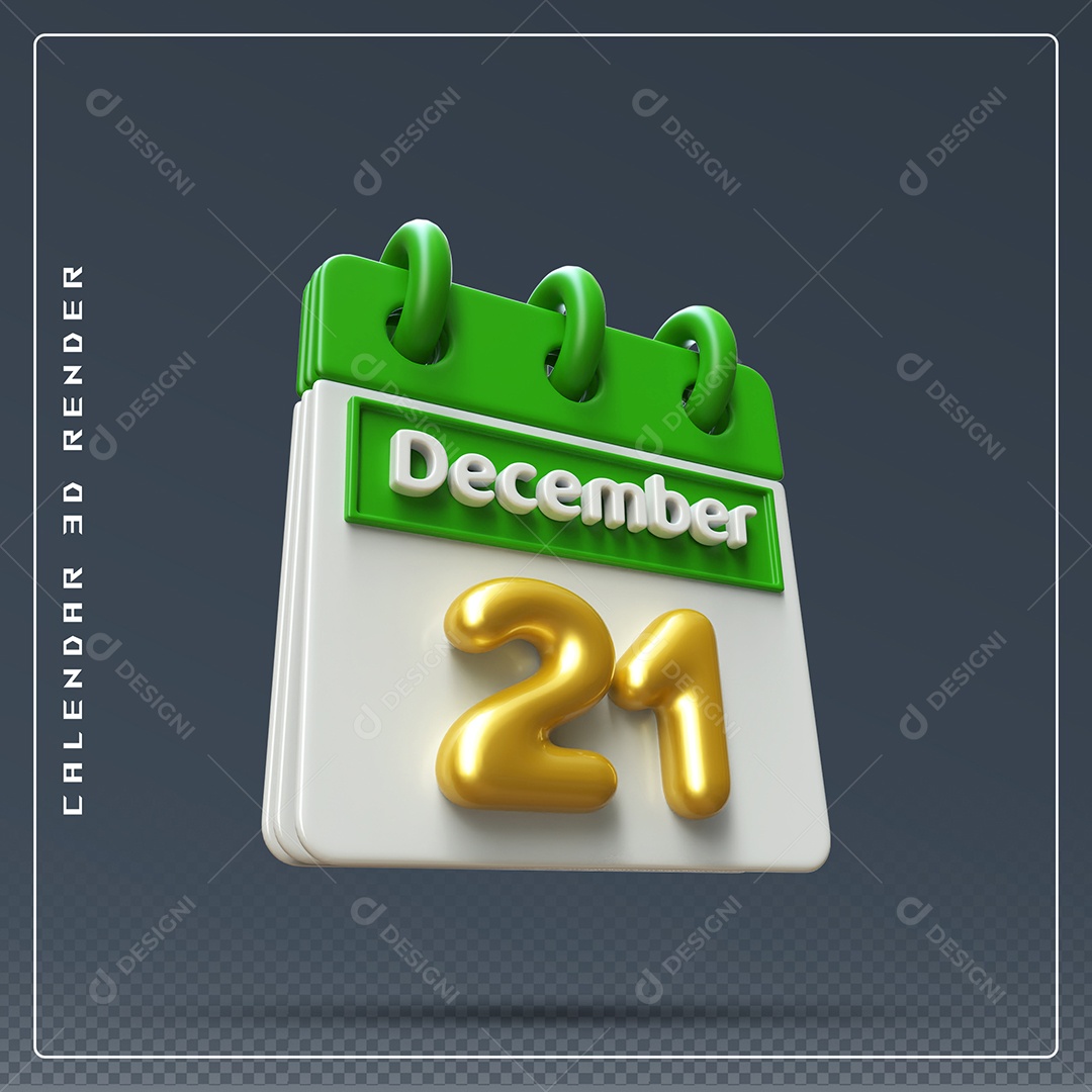 Calendário Do mês De Dezembro Dia 21 Elemento 3D Verde Dourado E Branco Para Composição PSD