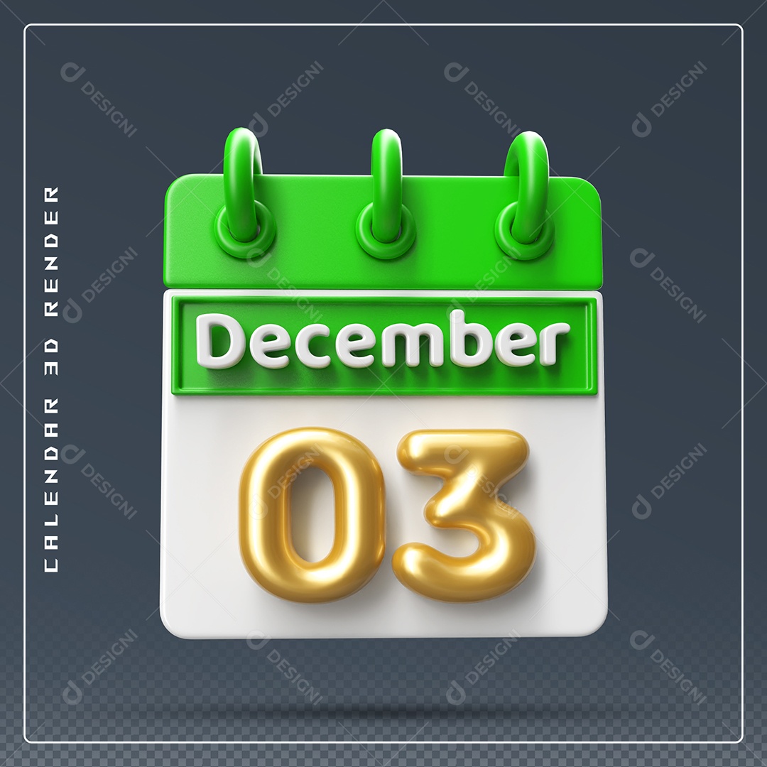 Calendário Do mês De Dezembro Dia 03 Elemento 3D Verde Dourado E Branco Para Composição PSD
