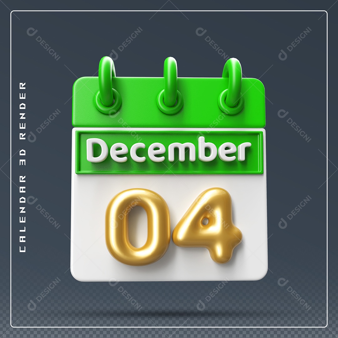 Calendário Do mês De Dezembro Dia 04 Elemento 3D Verde Dourado E Branco Para Composição PSD