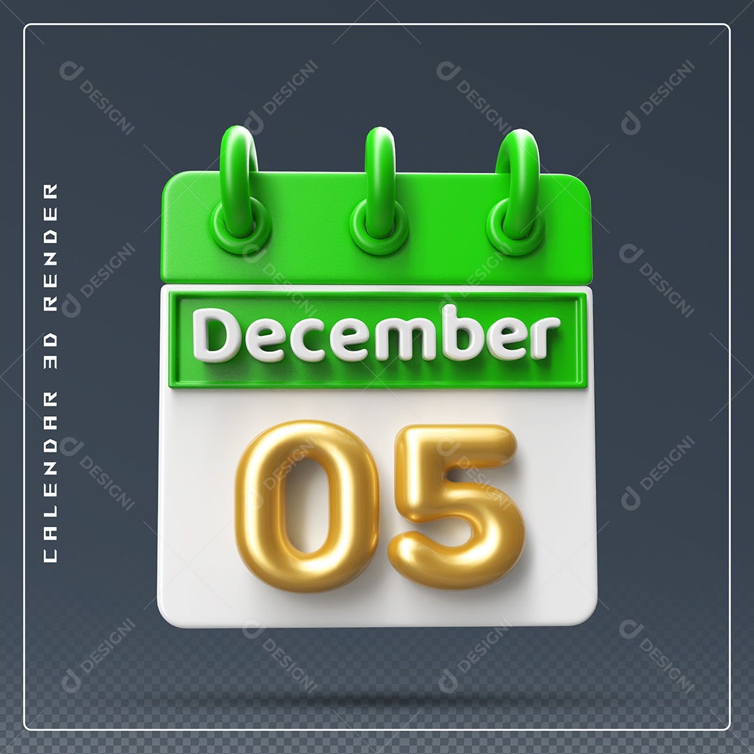 Calendário Do mês De Dezembro Dia 05 Elemento 3D Verde Dourado E Branco Para Composição PSD