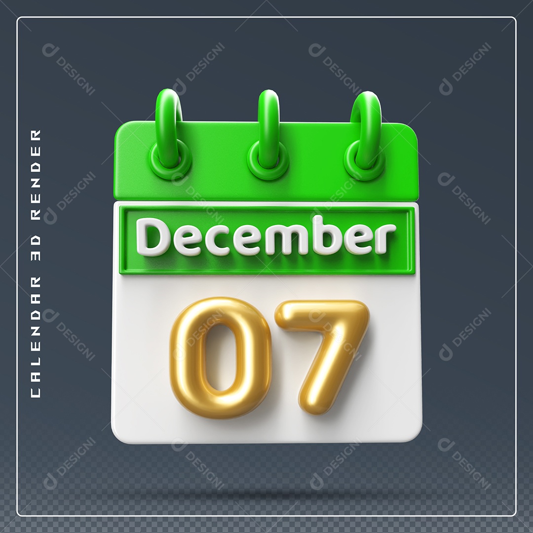 Calendário Do mês De Dezembro Dia 07 Elemento 3D Verde Dourado E Branco Para Composição PSD