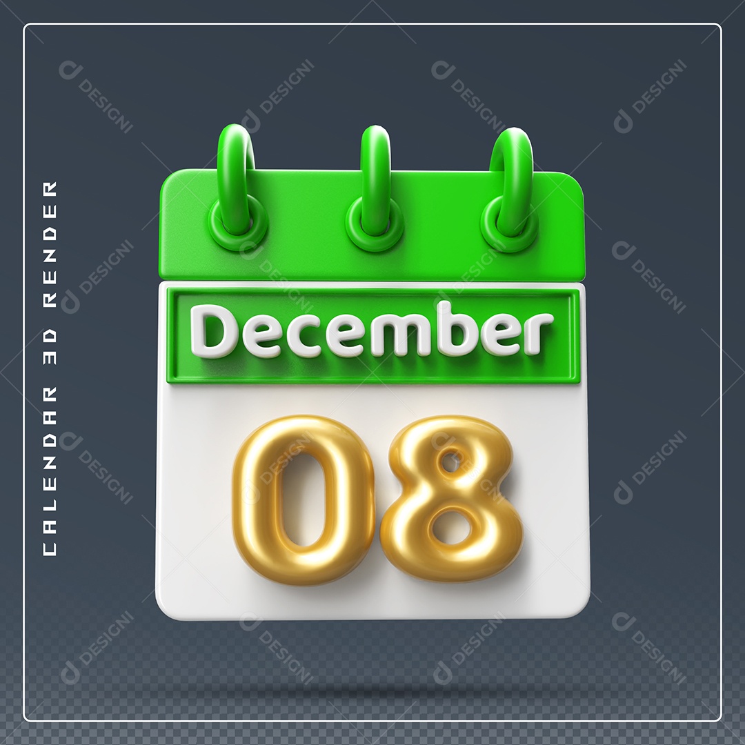 Calendário Do mês De Dezembro Dia 08 Elemento 3D Verde Dourado E Branco Para Composição PSD