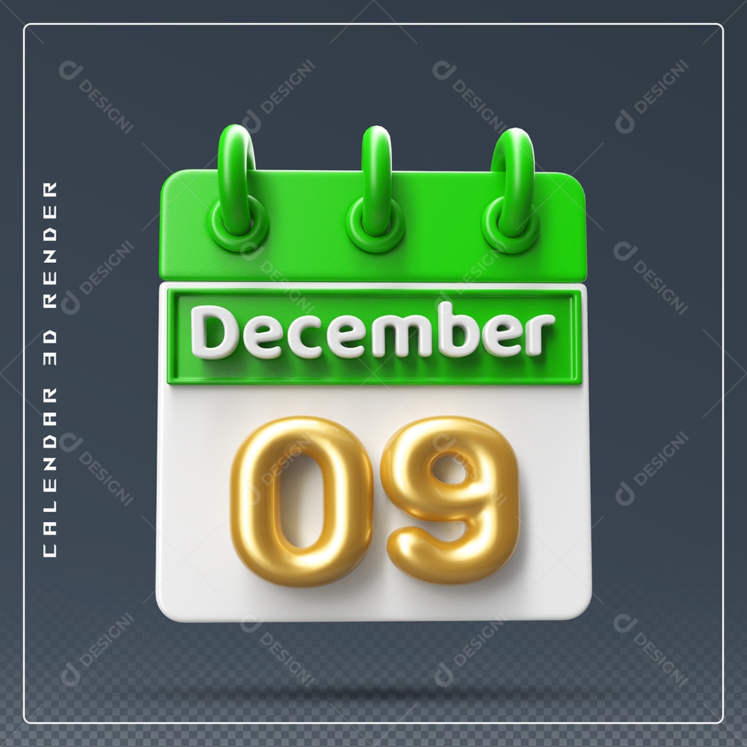 Calendário Do mês De Dezembro Dia 09 Elemento 3D Verde Dourado E Branco Para Composição PSD